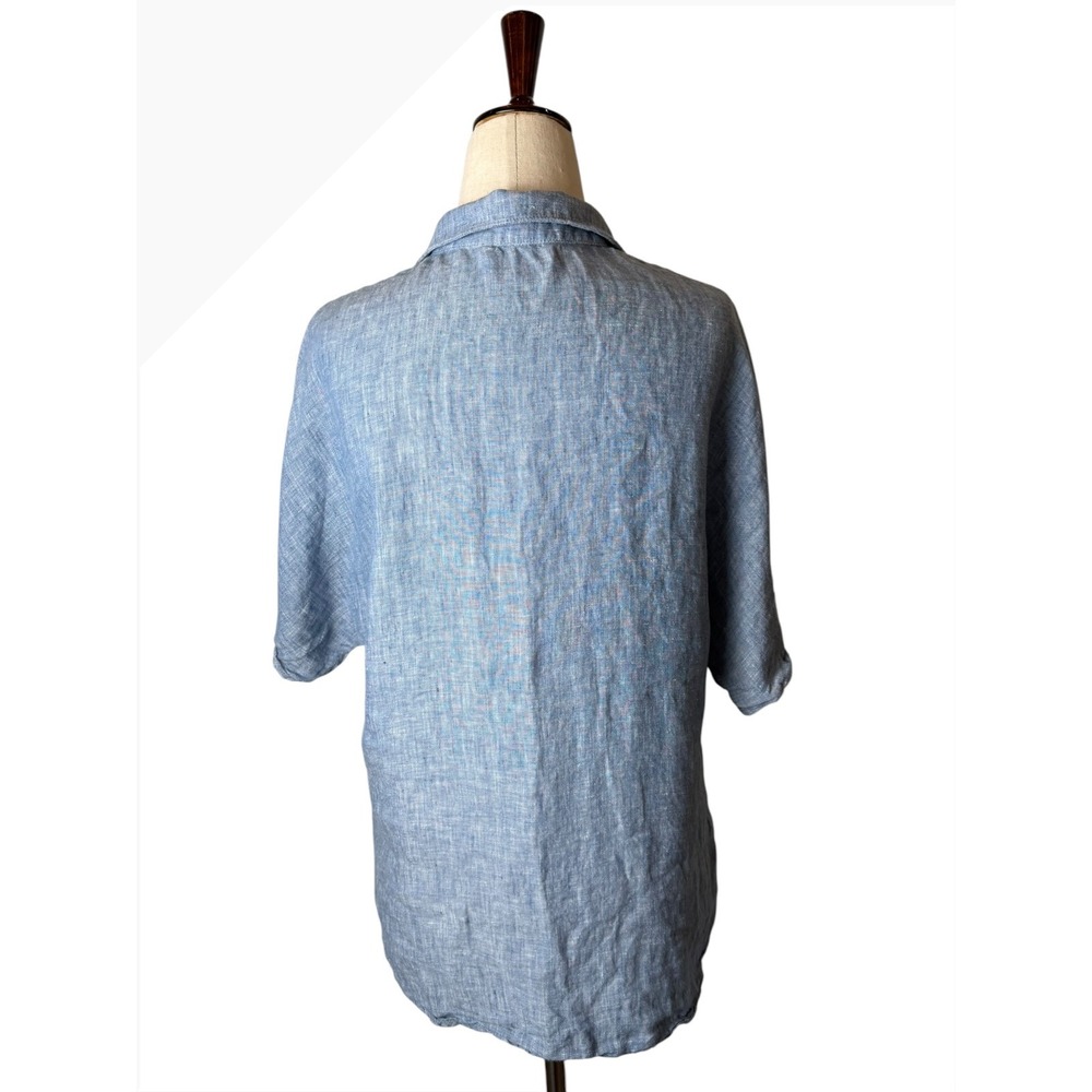 Garnet Hill Linen Button Down Shirt Women 8 Blue Short Sleeve Preppy Lagenlook - Picture 3 of 9